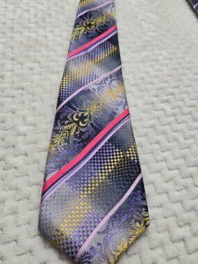 Vintage Carolina Bay Men’s Tie – Purple Gold Pink Woven Striped Floral Geometric